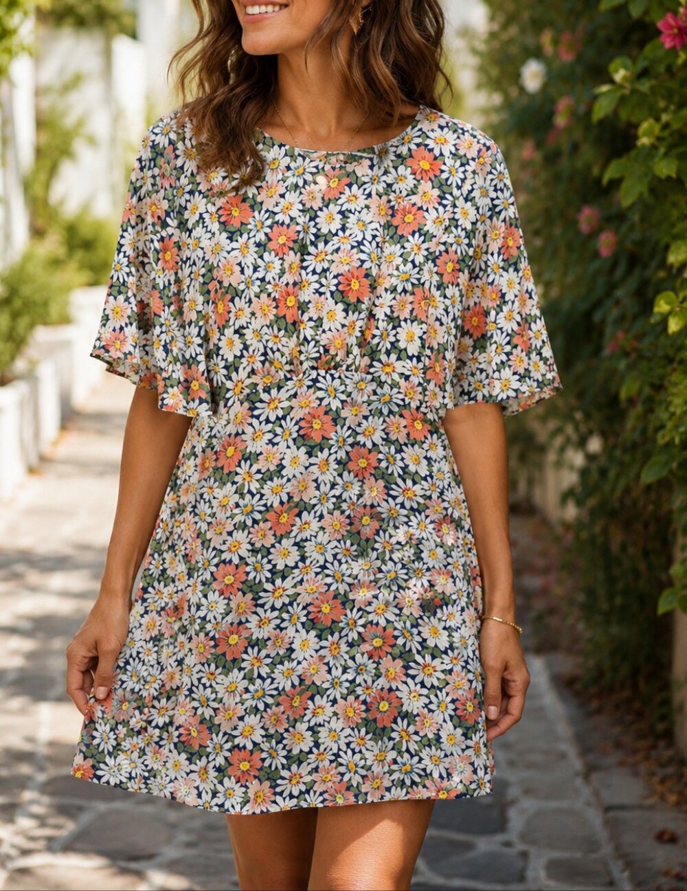 Topshop Navy Daisy Floral Shift Dress Petite Size 0 Pink Yellow Bloom Flutter